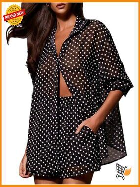2 Piece Polka Dot Blouse and Shorts Set Sheer Long Sleeve